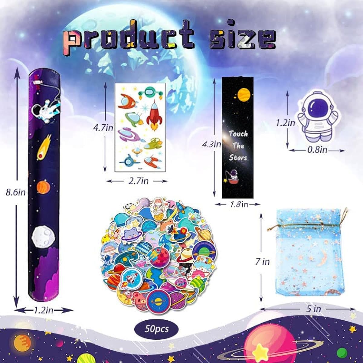 Space Theme Party Supplies Slap Bracelets Tattoo Stickers Badges Bookmarks Baby Shower Return Gifts Solar System Planets Astronaut Toys Alien Birthday Party Favors Goodie Bag Stuffers 110pcs