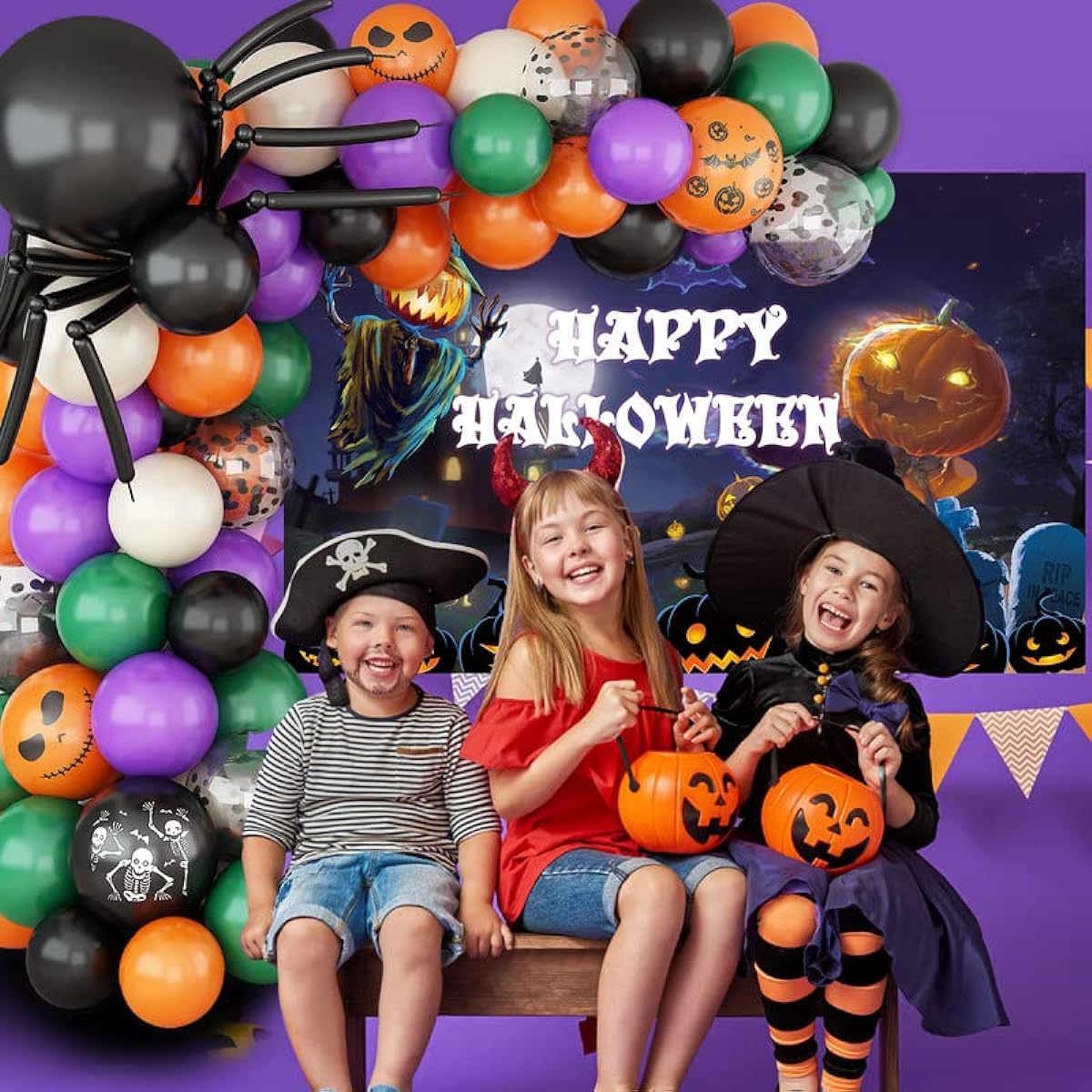 Halloween Balloon Arch Kit,Halloween Party Garland with Happy Halloween Banner,Happy Halloween Balloons,Halloween Indoor Outdoor Decorations,Halloween Party Decorations Supplies