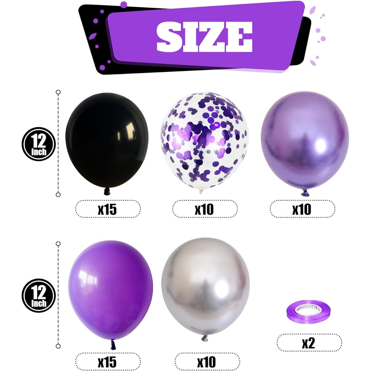 Purple and Black Balloons, Pack of 60, 12 inch Dark Purple, Light Purple, Black Balloons, Metallic Silver Confetti Latex Balloons for Halloween Girls Women Birthday Wedding Party Decorations