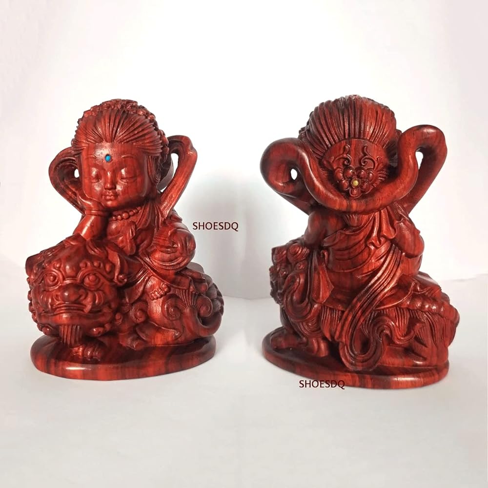 Buddha Statue Manjusri Bodhisattva Fugen Bosatsu Seated Statue (Wooden: Small Leaf Rosewood) Wood Carving Ornament Set of 2 Amulets Twelve Zodiac Guardian Buddha (Height 10cm x Width 7.5cm x Depth 5cm)