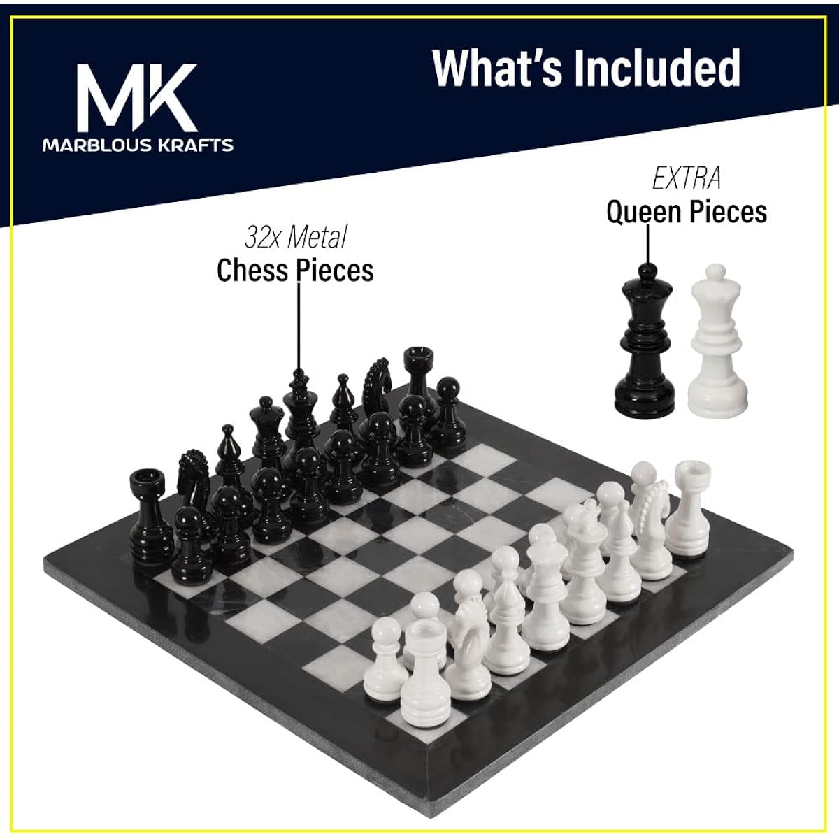Marblous Krafts 15" Black & White Chess Set with 32 Metallic Figures & 2 Extra Queens and Marble Board - Large Staunton Handmade Chess Game Classic Home Decor Chess Set for Adults and Families