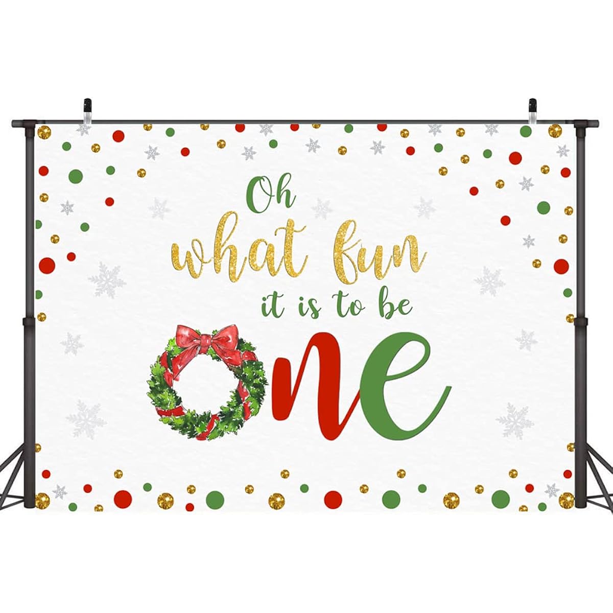 Ticuenicoa 7x5ft Christmas 1st Birthday Backdrop Girls Boys Christmas 1st Birthday Party Banner Decoration Winter Christmas Oh What Fun It is to Be One Red Green Gold Dots Snowflake Backdrop