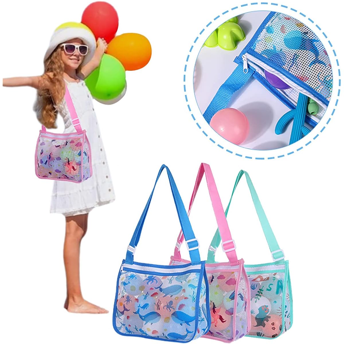 LyssKMK 4 Pieces Beach Mesh Bags, Extra Large Mesh Beach Bag, Beach Toy Tote, Seashell Collecting Bag for Kids, Seashell Holding Tote Bag, Cute Patterns, Adjustable Shoulder Strap, for Girls/Boys, Colorful, 2XL