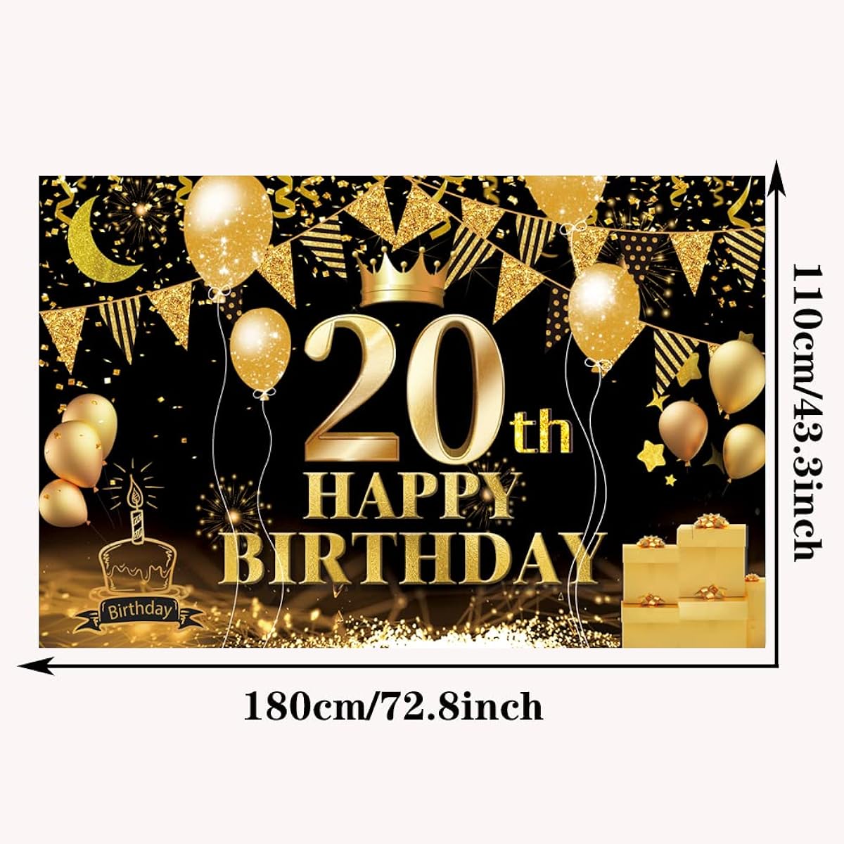 Happy 20th Birthday Backdrop Banner Black Gold 20th Sign Poster 20th Birthday Party Supplies Anniversary Photo Booth Photo Backdrop Birthday Party Decoration 72.8 x 43.3 inches