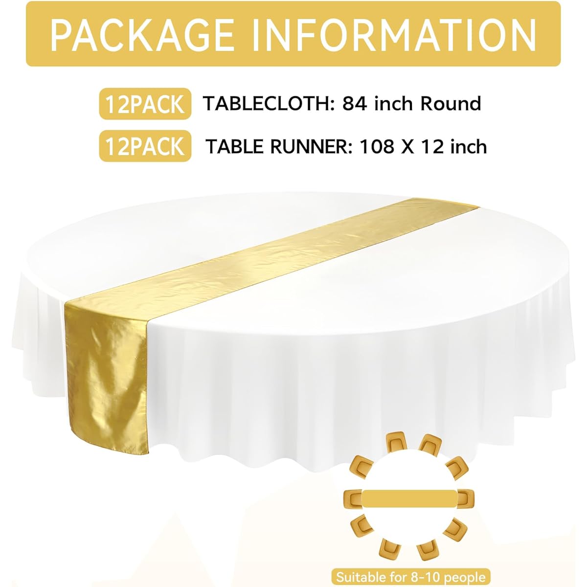 24 Pack 12x108 Inch Satin Table Runners 84 Inch Round Plastic Tablecloth Set Gold and White Disposable Round Table Covers for Wedding, Bridal Shower, Anniversary, Birthday Party Decorations