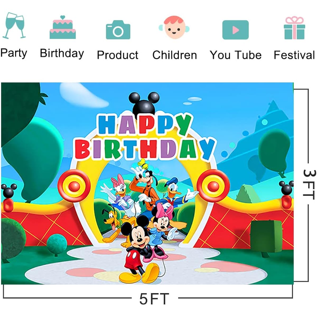 Mickey Mouse Clubhouse Backdrop Birthday Party Supplies 5x3ft Park Photo Backdrop Mickey Mouse Clubhouse Theme Baby Shower Banner for Birthday Cake Table Decorations