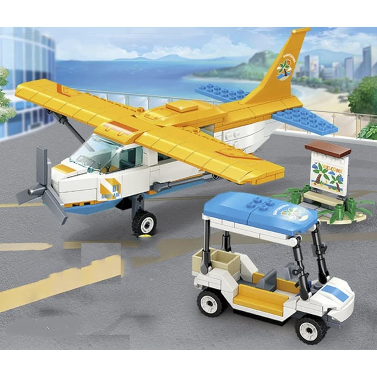 General Jim's Yellow Tourist Plane and Service Vehicle 347 Piece Modular Building Block Toy Set for Teens and Adults