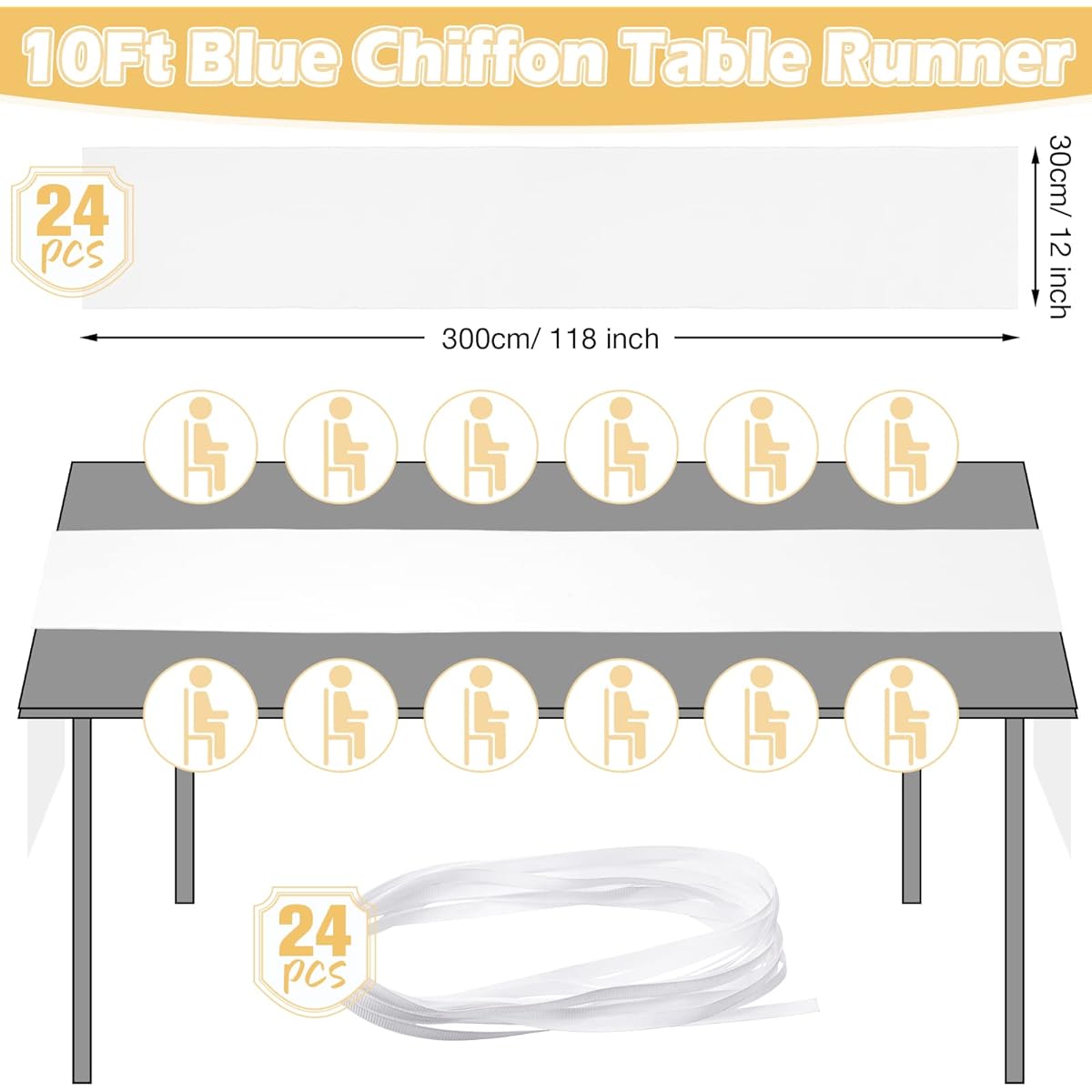 Chiffon Table Runner Set of 24 Romantic Sheer Blush Table Runner Long Tulle Table Runner Table Decoration for Wedding Bridal Shower Birthday Party Supplies 120 x 12 Inch (White)