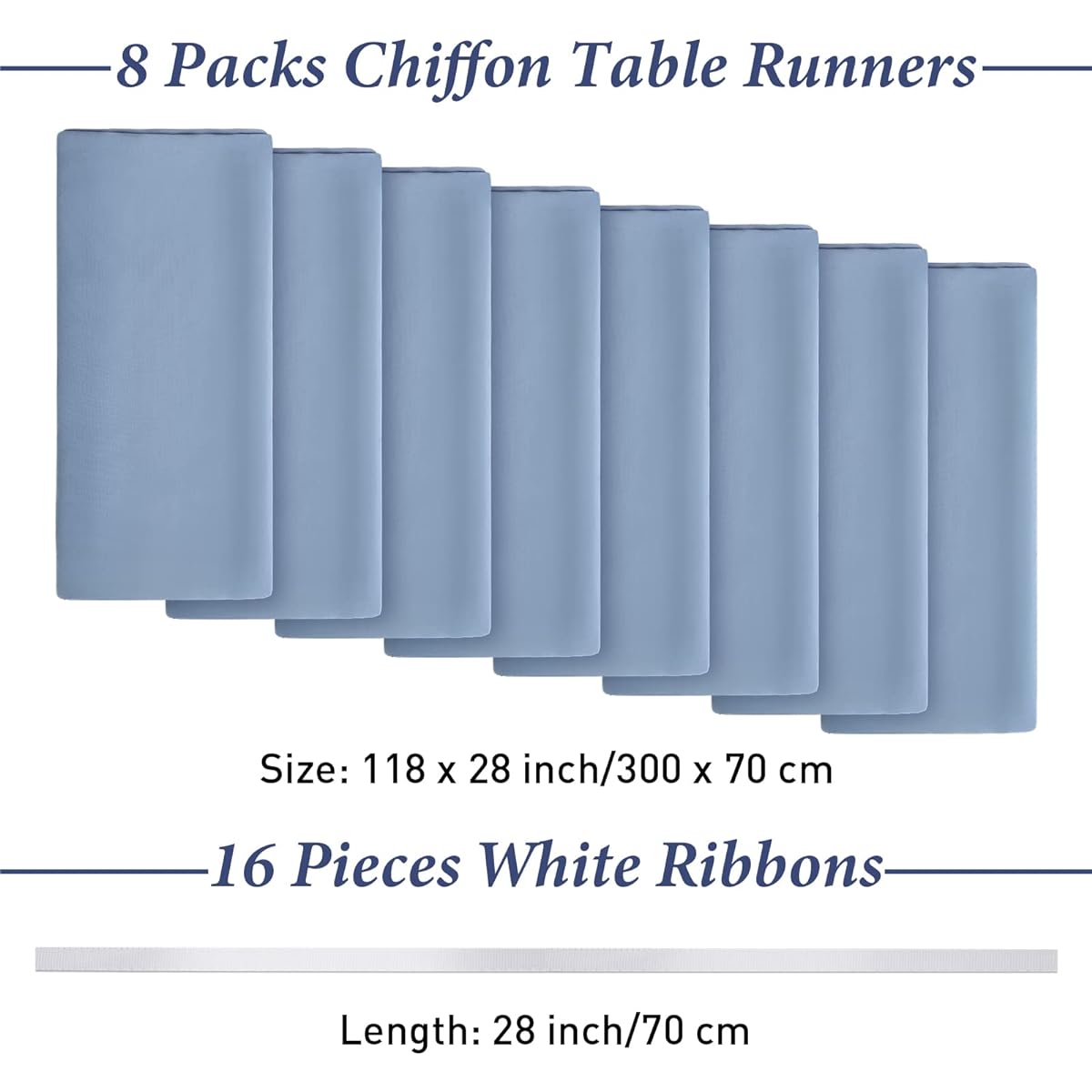 MCEAST Chiffon Table Runner 10ft Long Luxurious Table Runner 118 x 28 Inch Tulle Table Runner with Ribbon for Wedding Birthday Party Bridal Shower Decorations Dusty Blue Pack of 8