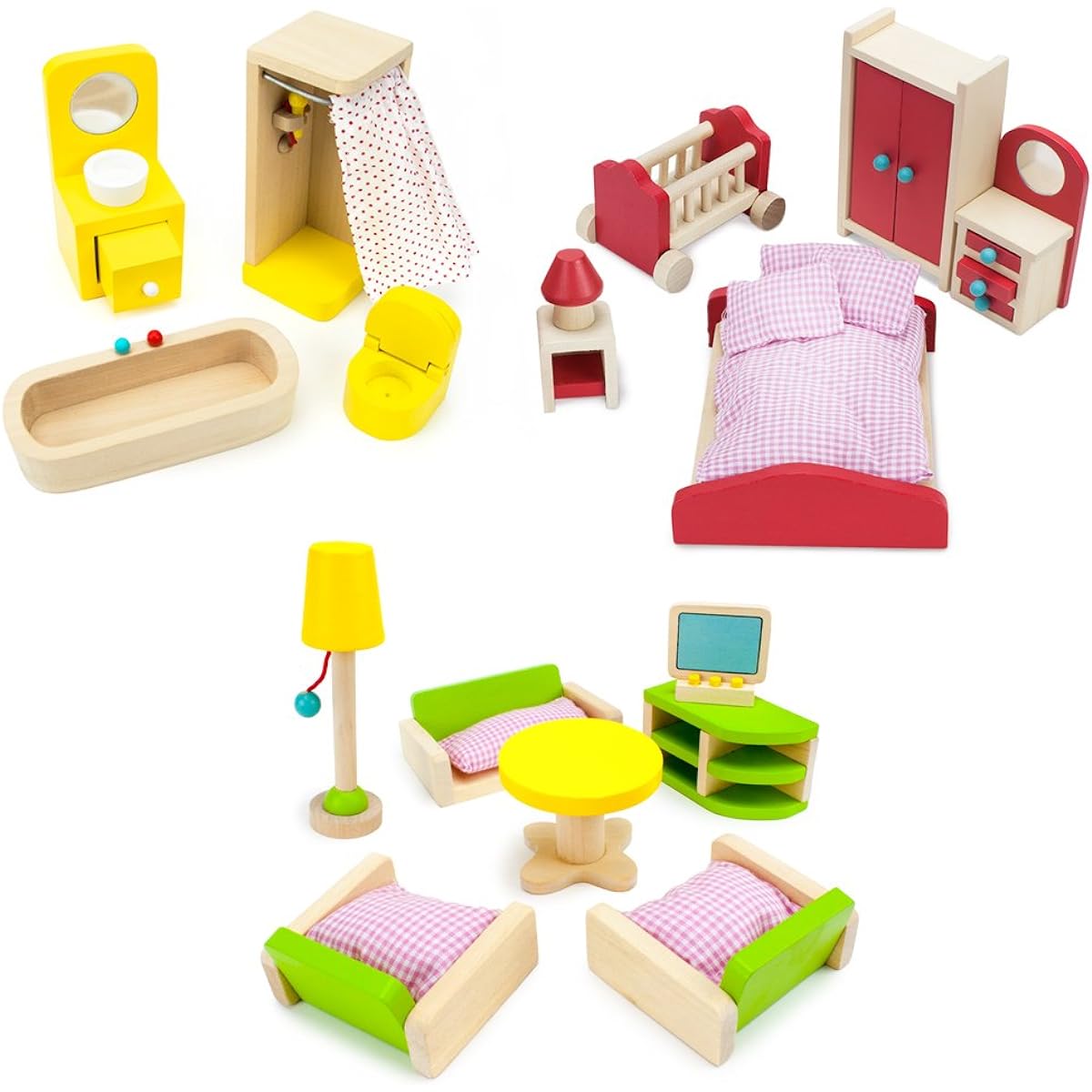 The Fully Furnished Bundle: 5 Sets of Colourful Wooden Dollhouse Furniture (41 Pieces) by Imagination Generation