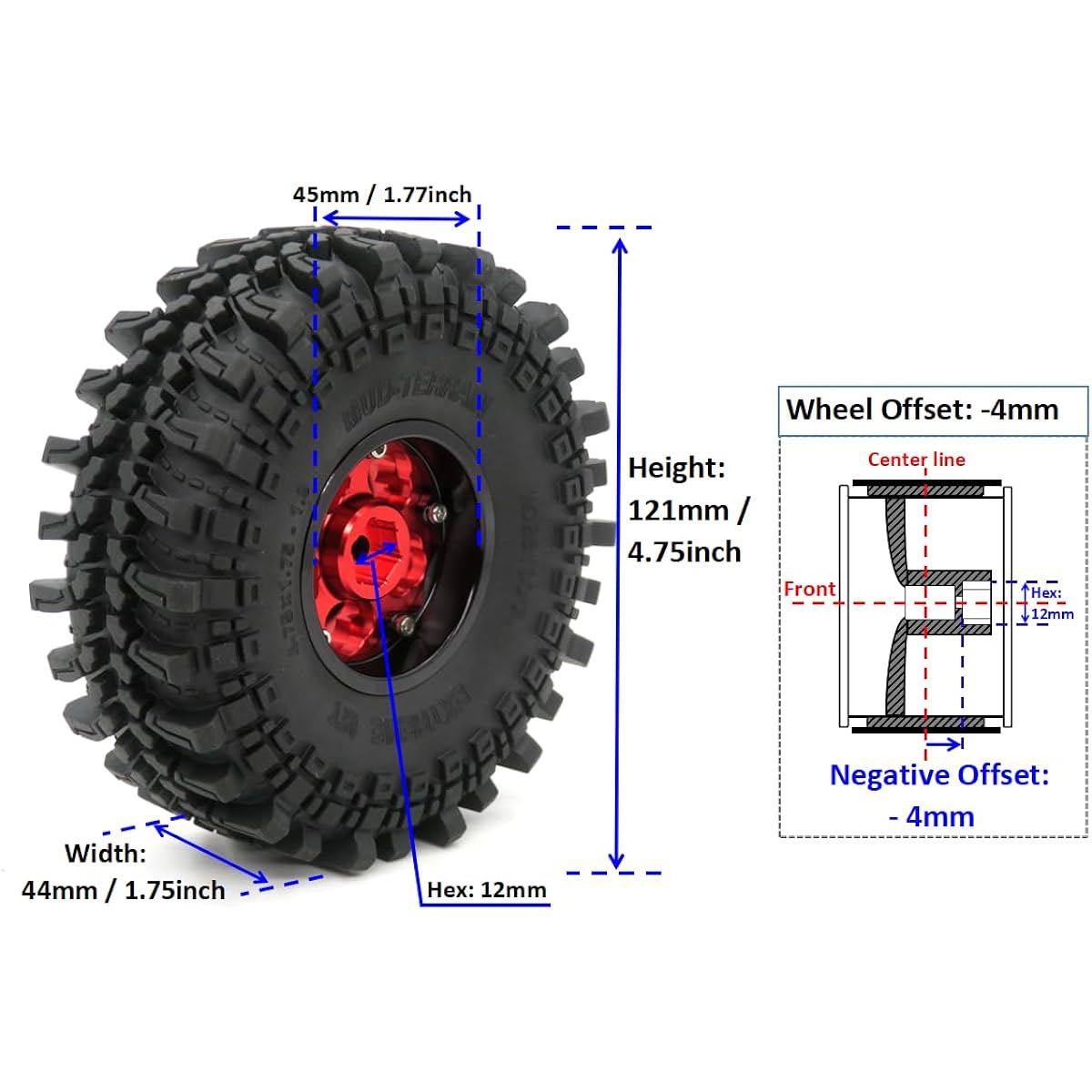 HOBBYSOUL 1.9 Tires 4.75" / 121mm & 1.9 Metal Beadlock Wheels Red Black 1.9 Wheels & Tires for 1/10 Mud Crawler Axial SCX10 Traxxas TRX-4 Redcat Gen8 Tamiay CC01 (4 Pack, Pre-assembled)