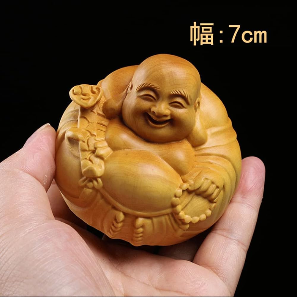 Buddha Statue Wood Carving Mini Seven Lucky Gods Hotei Ornament High Quality Boxwood Wood Carving Wooden Carving Money Luck Amulet (Width 7cm)