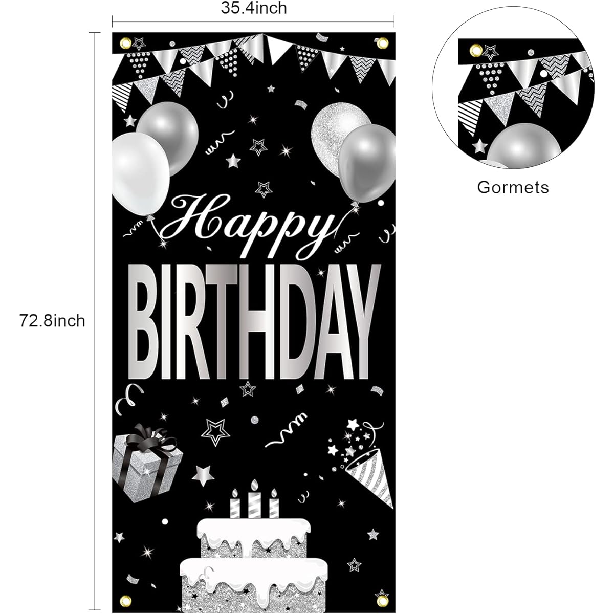 Black White Silver Happy Birthday Door Banner Decorations for Men Women Black Silver Happy Birthday Door Cover Backdrop Sign Party Supplies 16th 21st 30th 40th 50th 60th Birthday Poster Background Decor