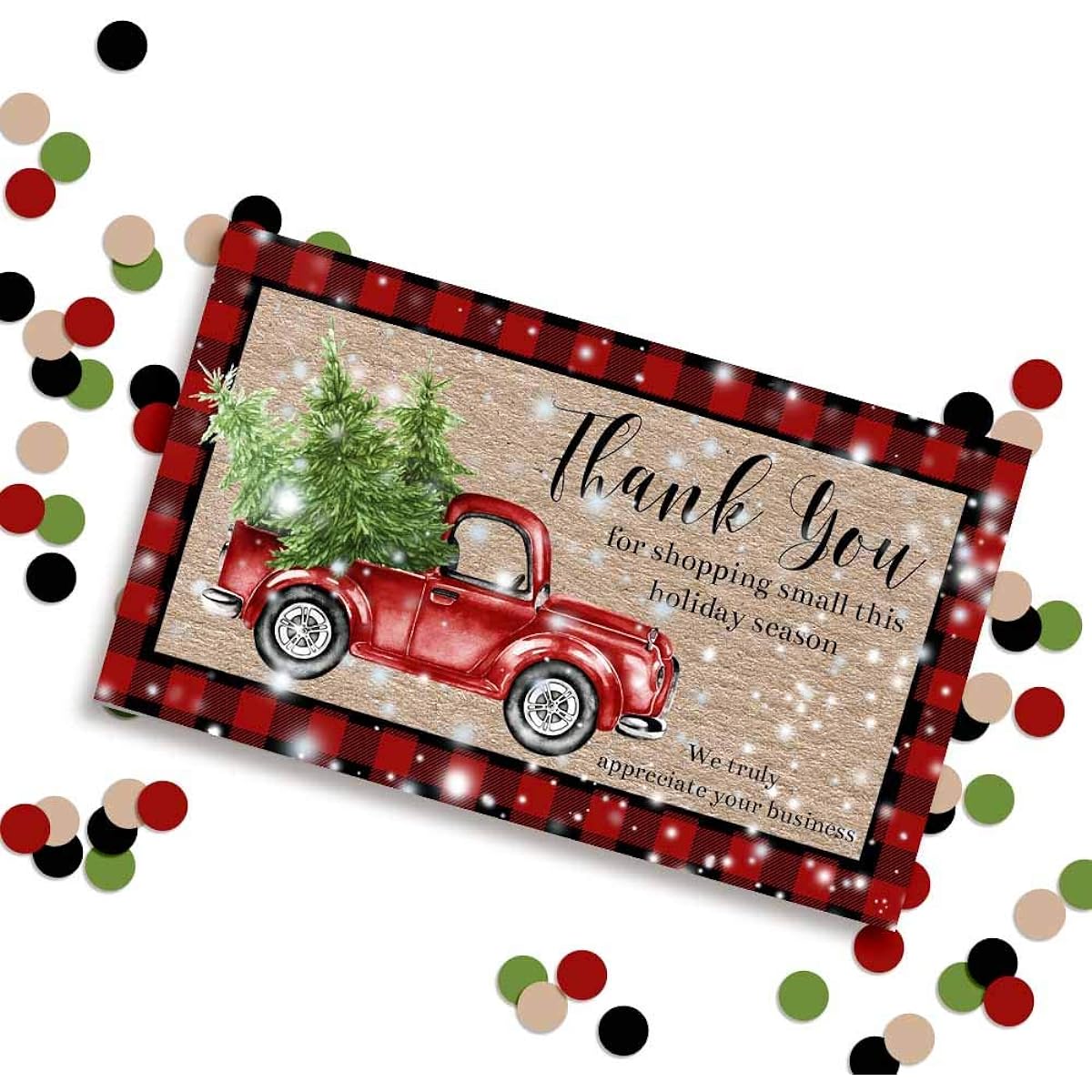AmandaCreation Red Buffalo Plaid Snow Pickup Truck Christmas Holiday Themed Customer Appreciation Package Inserts for Small Business 2" x 3.5" Single Sided Insert Cards, 100 Count