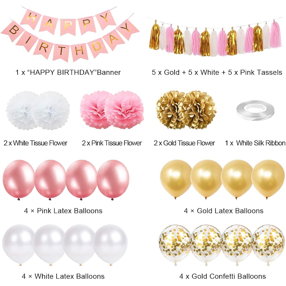 Pink and Gold Birthday Decorations, Happy Birthday Banner, Tissue Flowers, Party Balloons, 16th, 18th, 21st, 30th, 50th, 60th Birthday Party Decorations Supplies for Women and Girls
