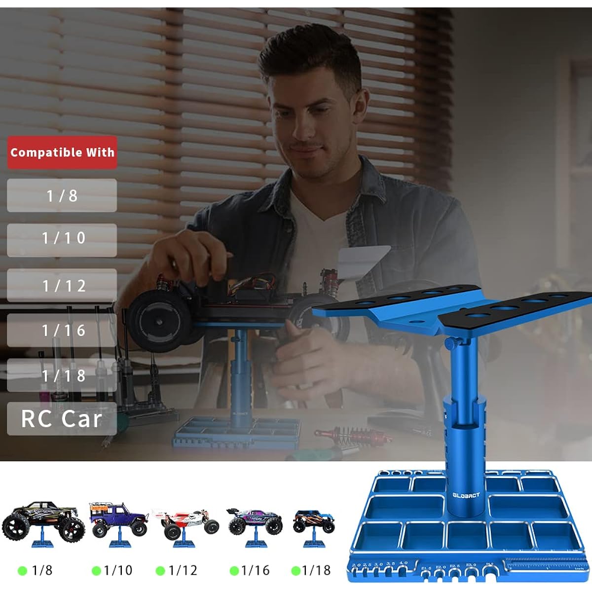 GLOBACT Multifunctional RC Car Stand RC Workbench RC Repair Stand 360° Switch Rotation 5 Levels Height Up or Down for 1/8 1/10 1/12 1/16 1/18 RC Car Truck Crawler (Blue)