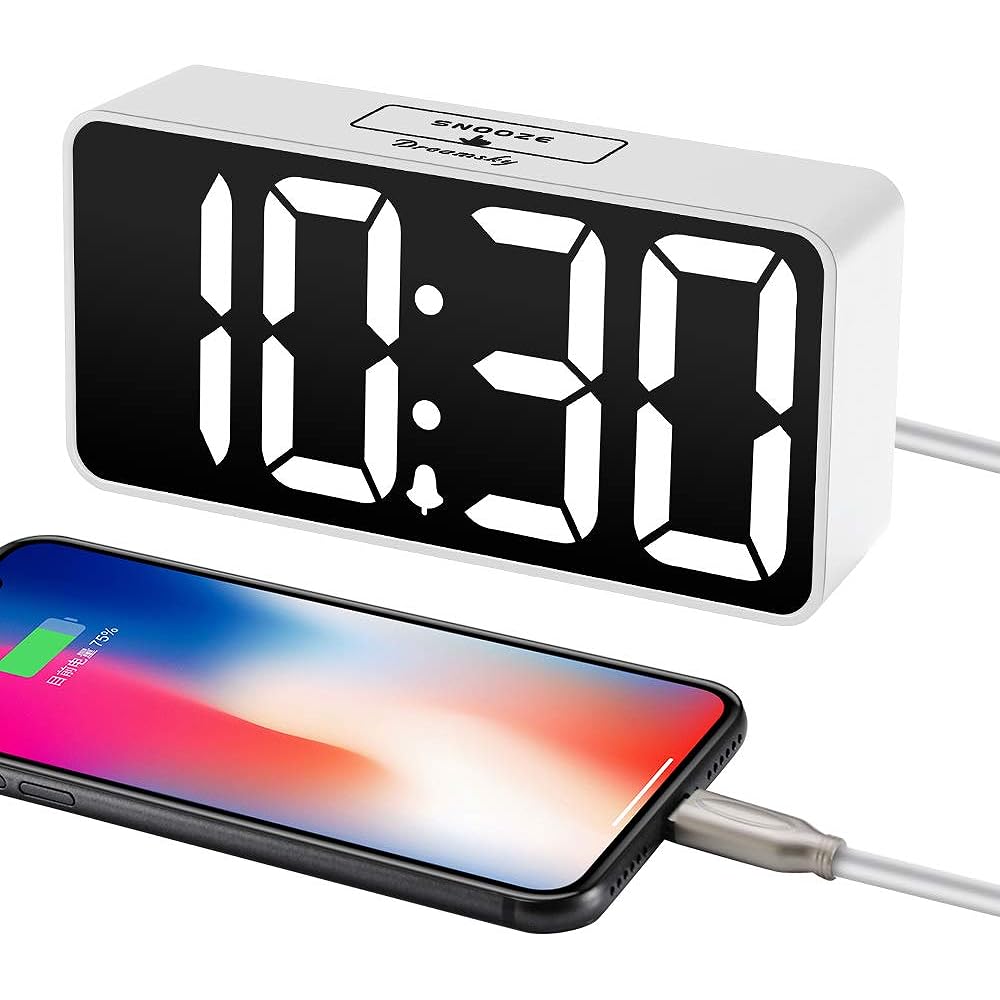 DreamSky Adjustable Brightness Dimmer Bold Number Display Adjustable Alarm Volume Snooze 1224 Hour Display Bedside Alarm Clock Compact Digital Alarm Clock with USB Port for Charging.
