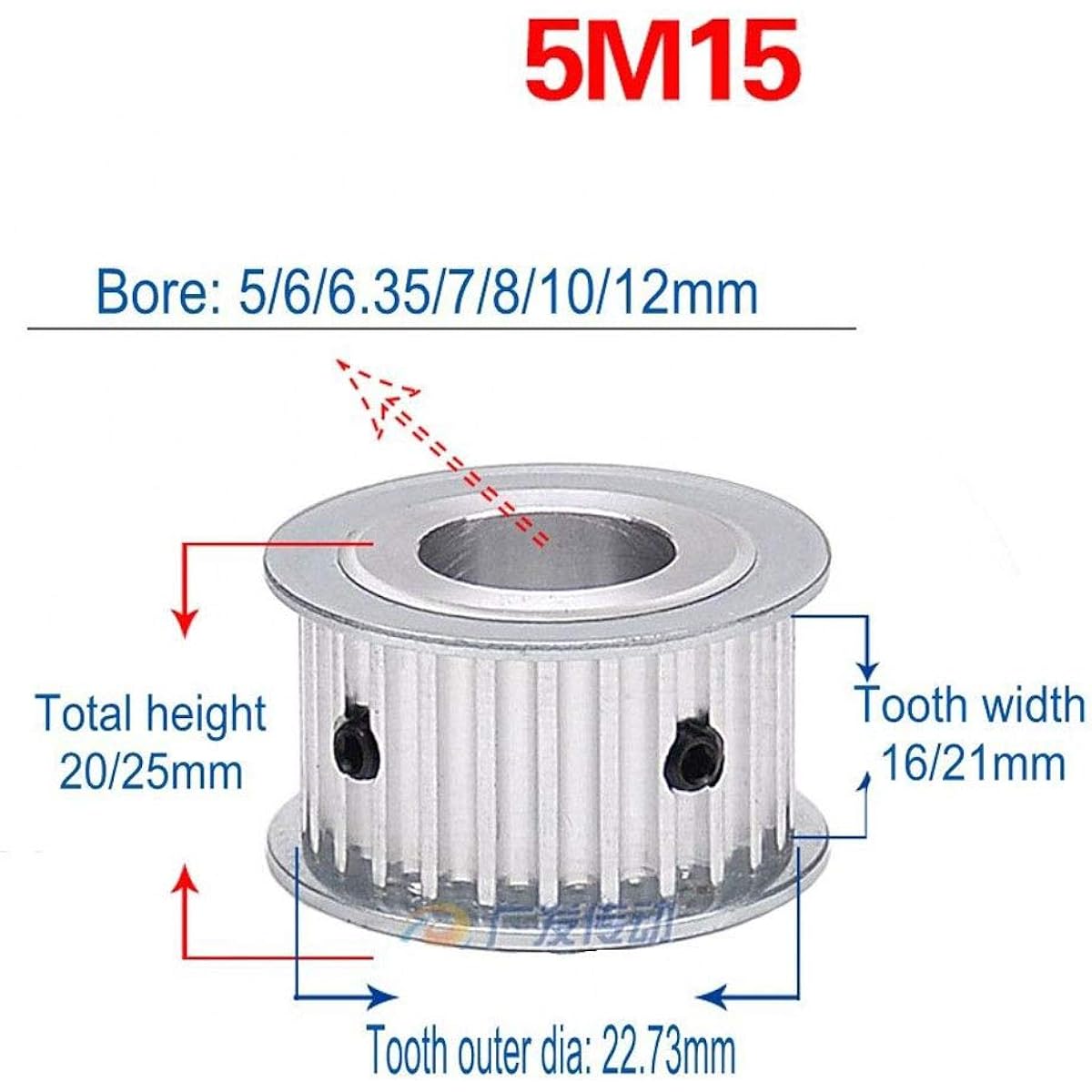 5M 12T-60T Timing Pulley Stepless Synchronous Wheel 5mm Pitch 5-25mm Bore for 15/20mm Wide Belt 5M 15T Silver HJZ-US