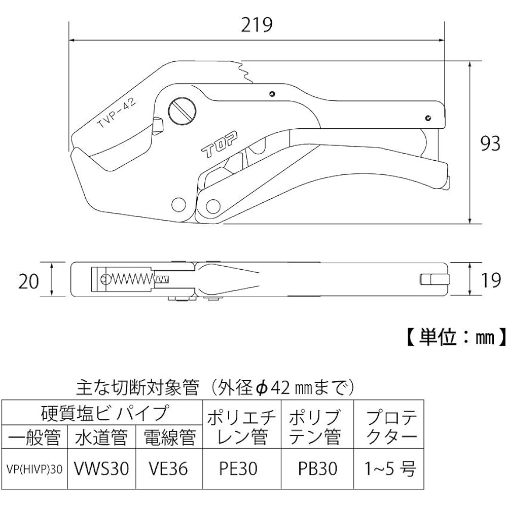 Top Industry (TOP) Enbi Pipe Cutter, Outer Diameter 42mm, VP30, Can Cut, Comes with Attachment for Cutting Protector, PVC Pipe Plumbing Work, TVP-42, Tsubame-Sanjo, Made in Japan