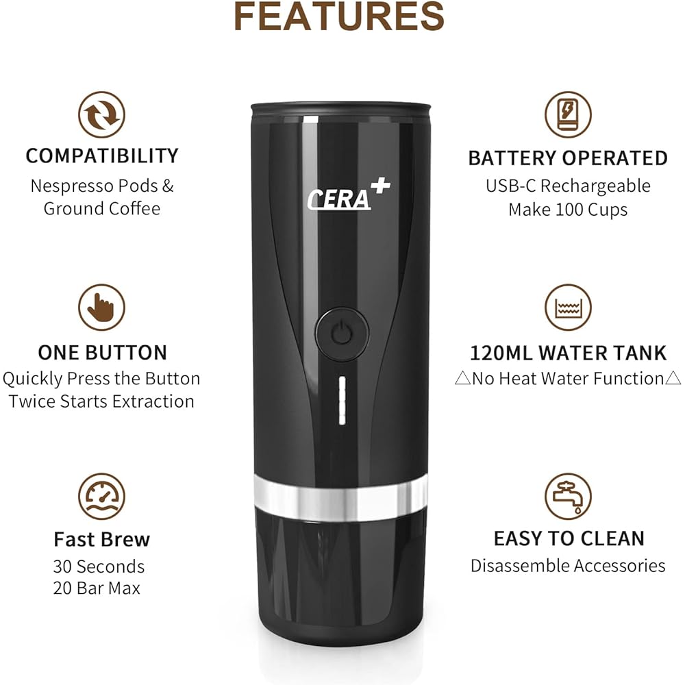 CERA+ Portable Espresso Maker Non-Heating Version Electric Coffee Machine Compatible Ground Coffee NS Pod Office Travel Camping Espresso Machine Charging Rechargeable Coffee Maker, PCM01 (Black)