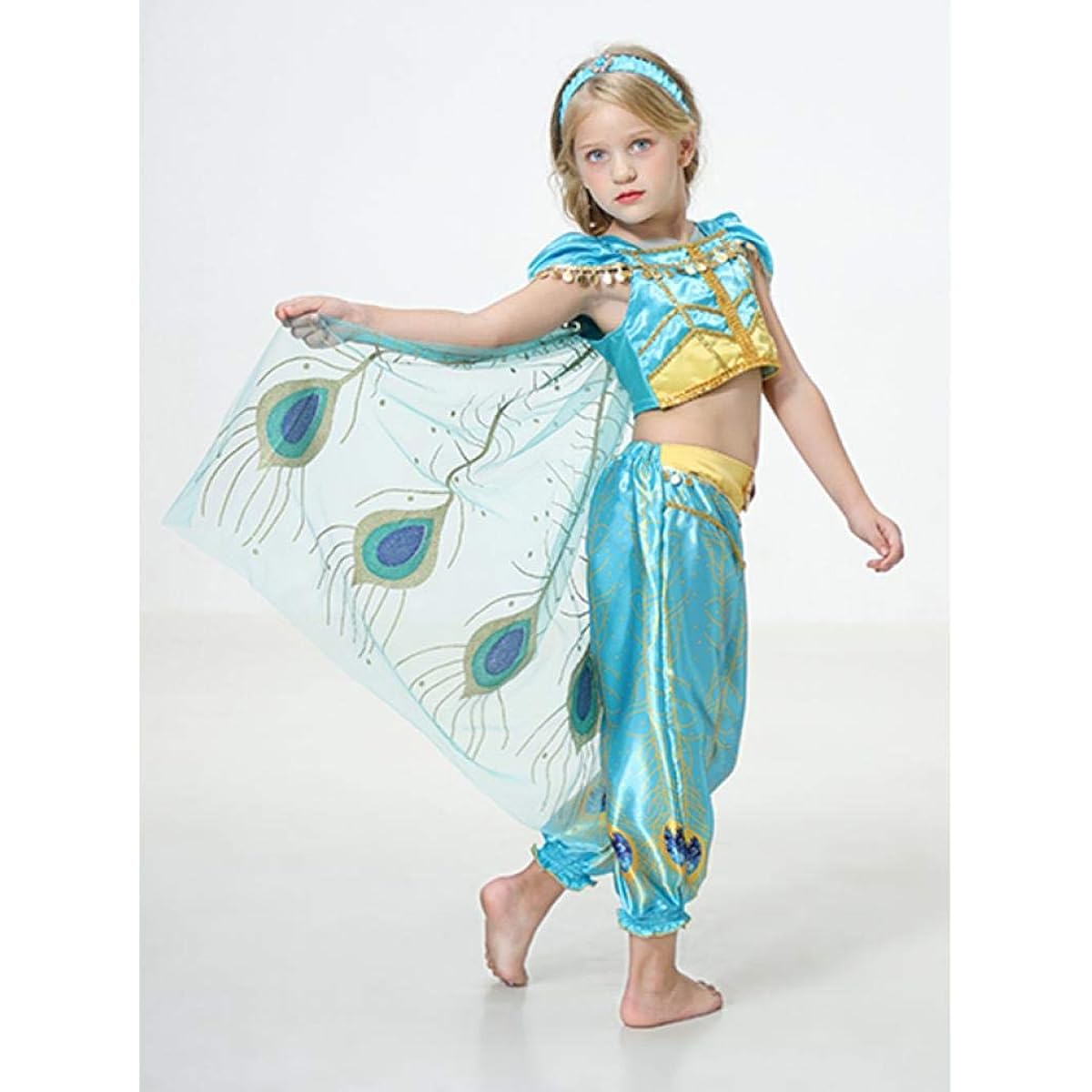 Getupp Aladdin Jasmine Costume Princess Kids Halloween Cosplay Costume 4-Piece Set Disney Movie Aladdin and the Magic Lamp Dance Clothes Event Character Costume Stage Costume Christmas School Festival (120cm)