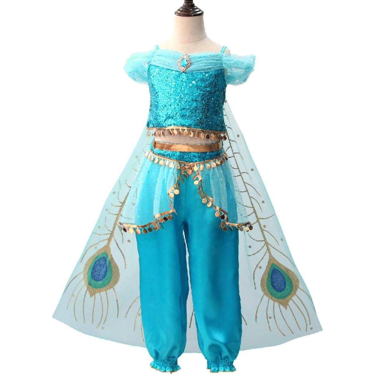 Getupp Jasmine Costume Live Action Version for Kids Girls Aladdin Halloween Cosplay Costume Arabian Style Dance Clothes Breathable Sequins Aladdin and the Magic Lamp Event Character Party Stage Performance Clothes Christmas 110-150 (Green 4, 130)