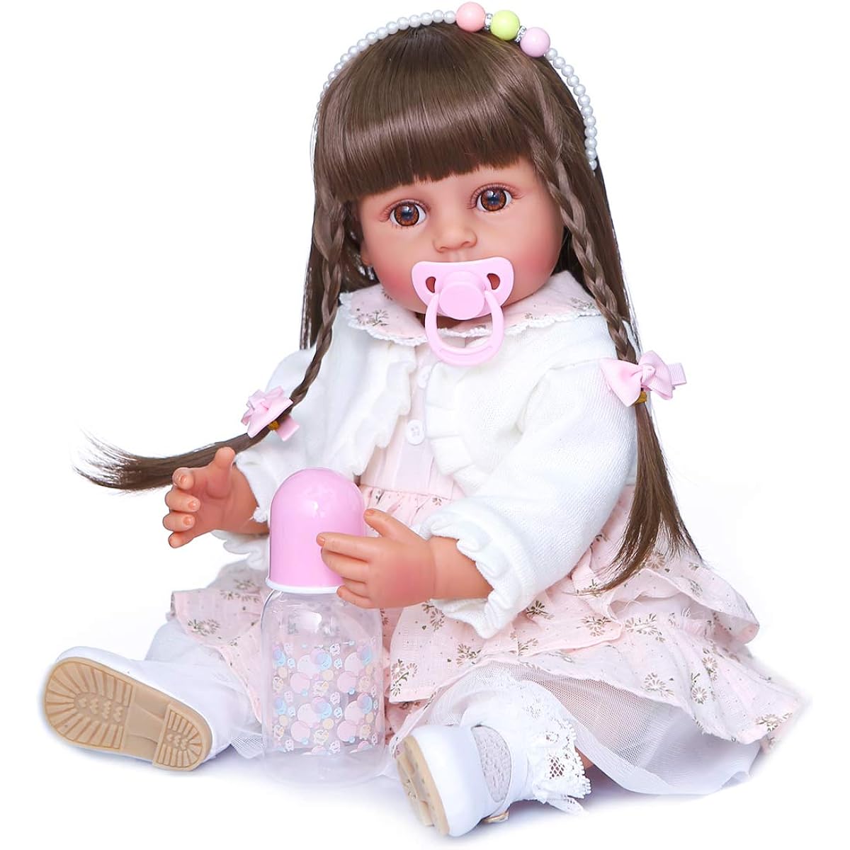 RXDOLL Reborn Baby Doll Vinyl Full Body Tan Skin African American 22inch Realistic Black Biracial Girl Reborn Toddler Doll Long Hair with Beautiful Dress Accessories for Christmas Gift