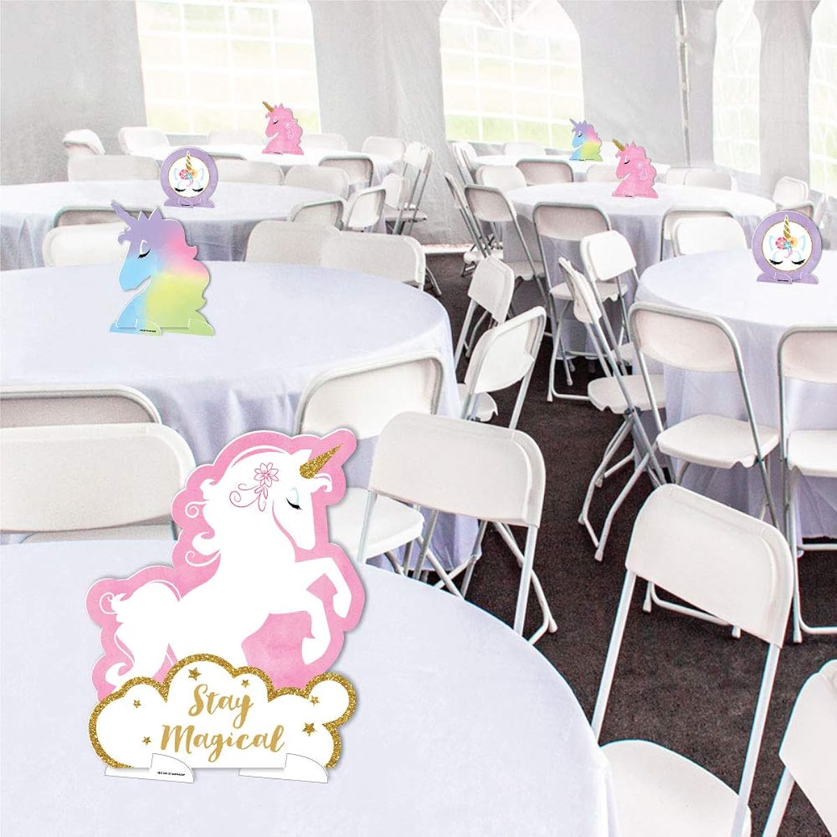 Rainbow Unicorns - Magical Unicorn Baby Shower or Birthday Party Centerpieces and Buffet Table Decorations - Tabletop Stand Ups - Set of 7