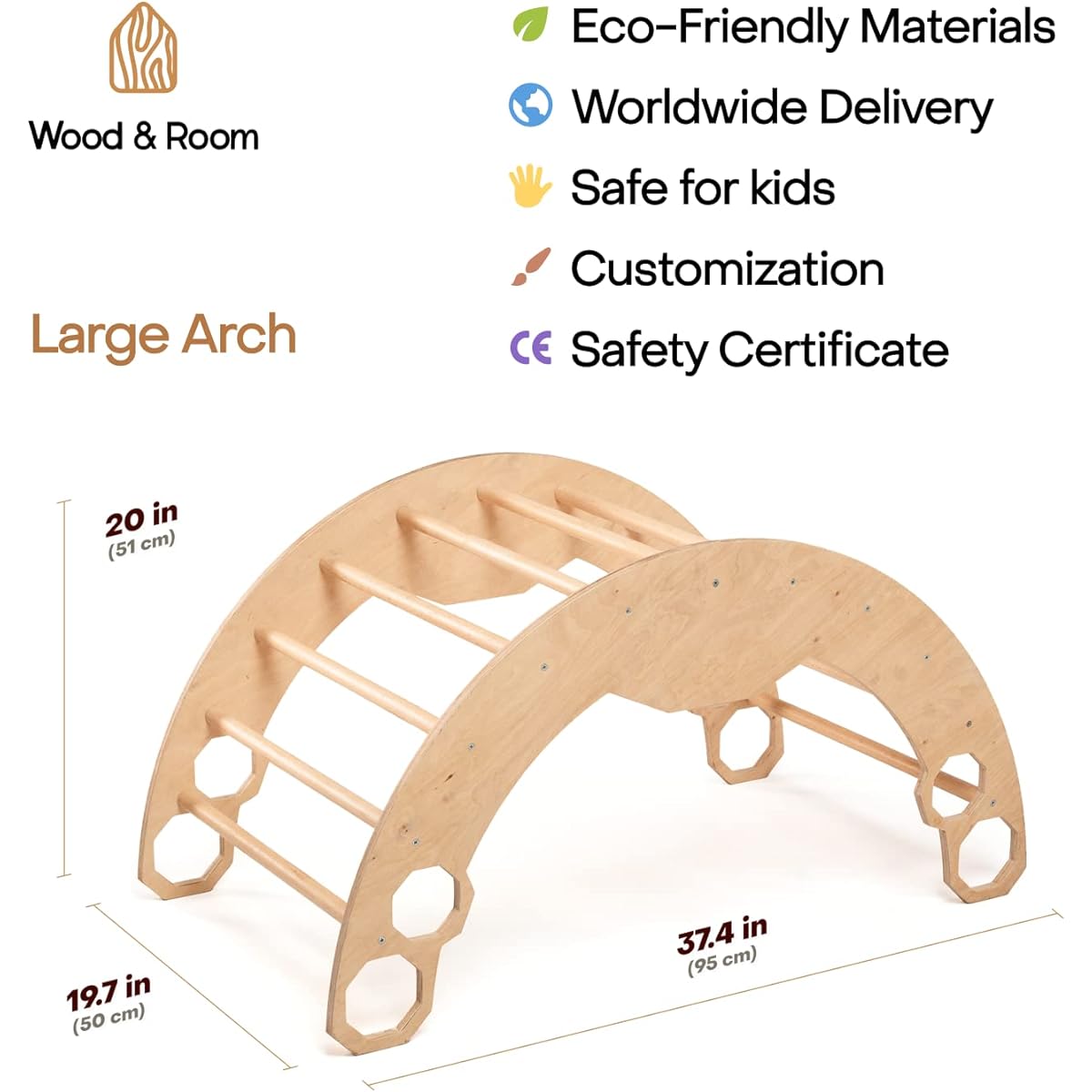WOOD&ROOM Large Arch with Cushion Montessori Wooden Climber Rocker Indoor Playground for Toddlers & Kids Natural Color Rocker with Pillow (Beige Star)