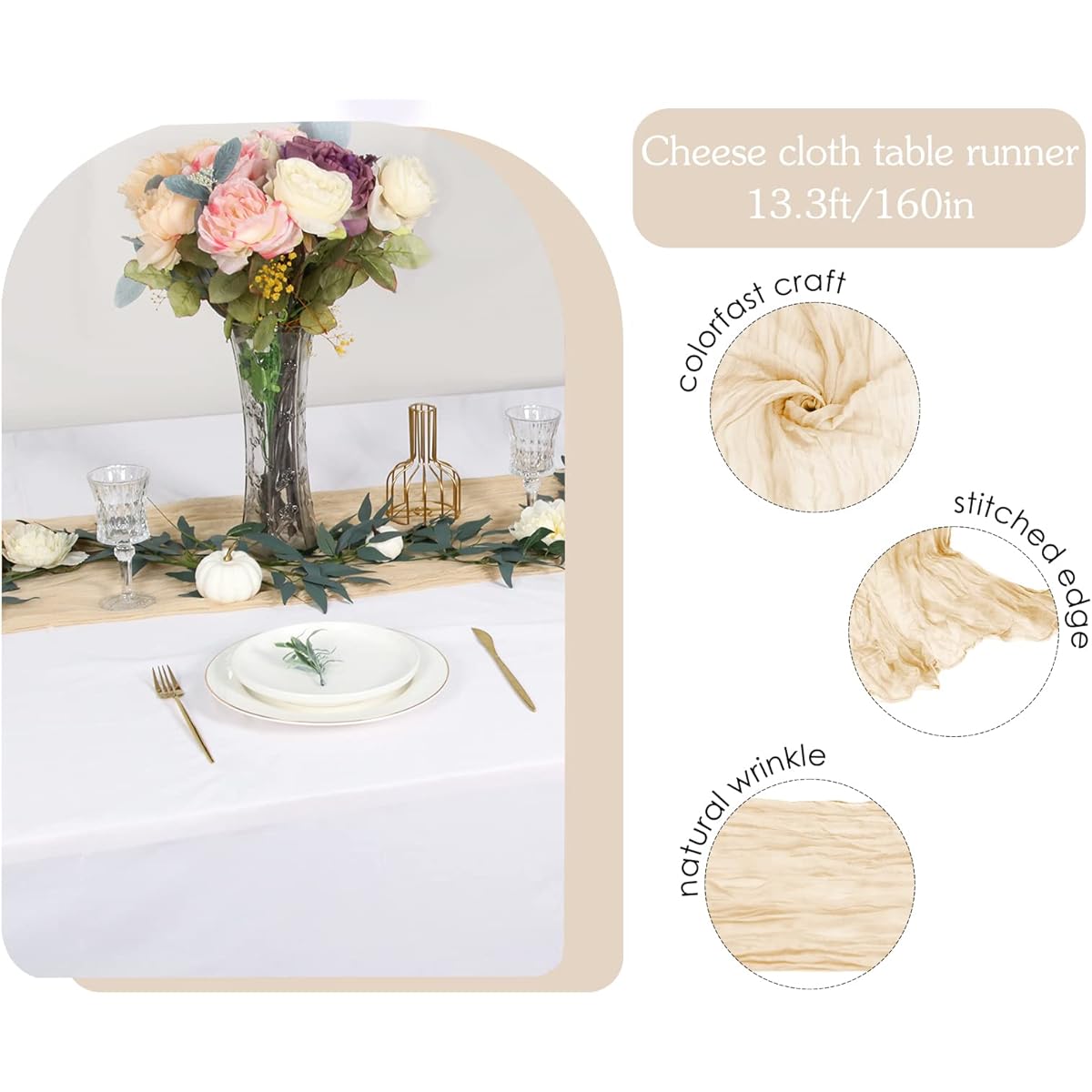 Beige Cheesecloth Table Runner 10ft Sheer Long Gauze Cheesecloth Table Runner 160inch Boho Wedding Bridal Baby Shower Birthday Table Runner (Beige)