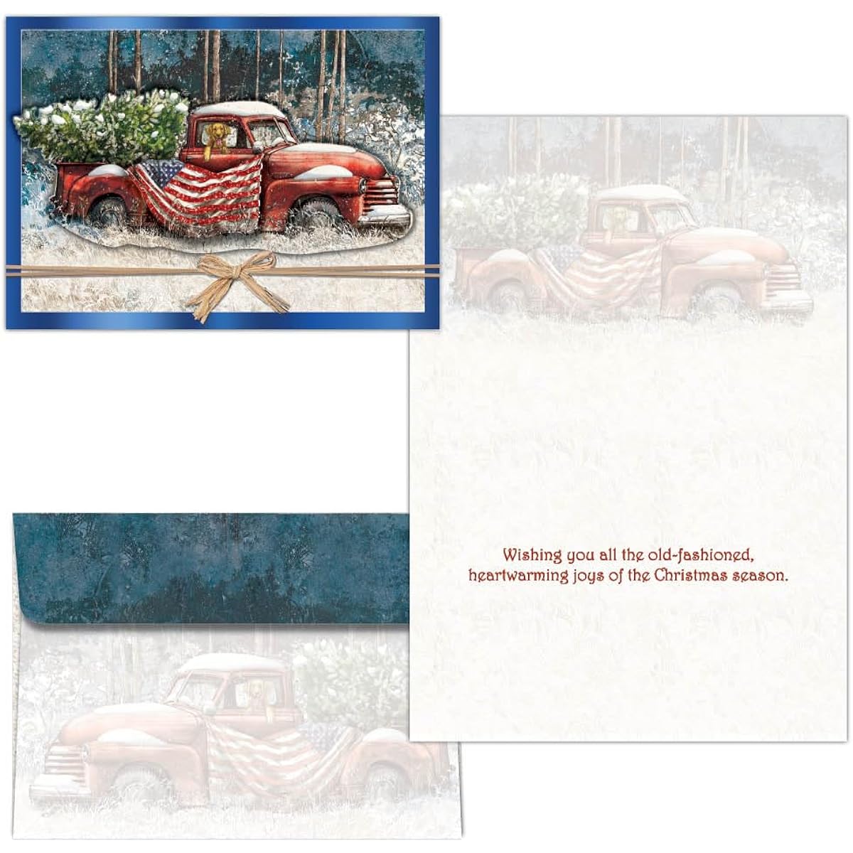 Crown Point Graphics Patriotic Christmas 10 Boxed Christmas Cards - 3D Christmas Cards with Truck, American Flag, and Rattan Ribbon - Rustic Christmas Greeting Cards with Envelopes