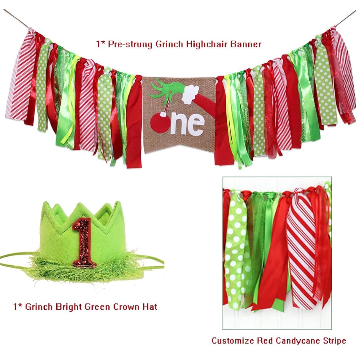 Christmas Highchair Banner Grinch Christmas 1st Birthday Sign Banner Candy Cane Red & Bright Green Highchair Garland with Christmas Crown Hat for Boys Girls Christmas First Birthday Photo Booth Props Cake Smash