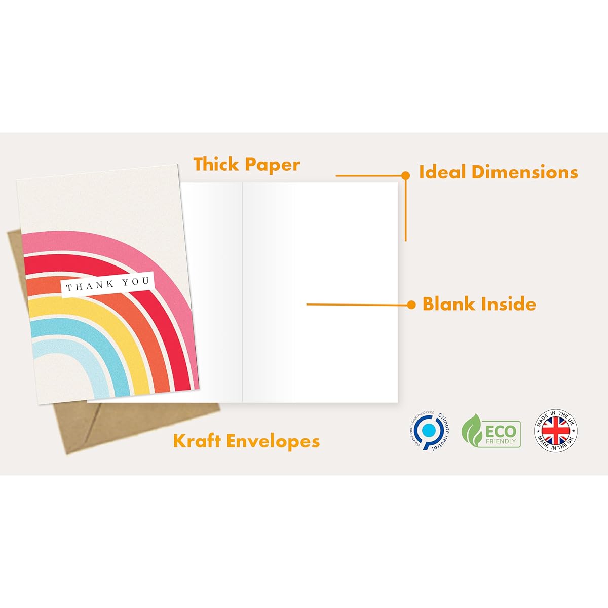Giftinghouse Thank You Cards Multipack with Envelopes 12/24/48 Inch - Greeting Card Pack Rainbow Colors for Kids, Teachers, Notes, Christmas Gifts - Fully Recyclable and Eco-Friendly Cards (12 Cards)