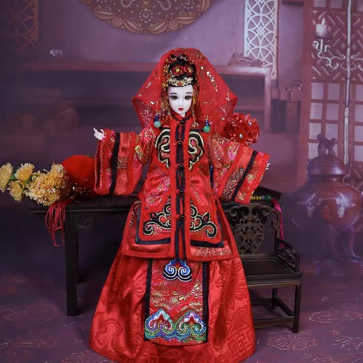 Bjd 1/6 Ball Jointed Doll for Girls, 12 Joints Ancient Hanfu Doll, with Chinese Wedding Clothes and Hat, Birthday Gift for Little Girls