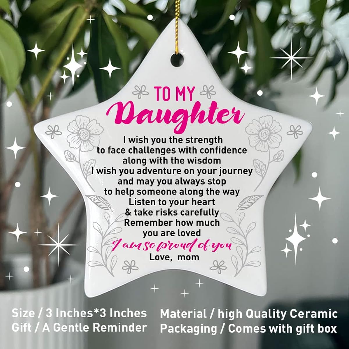 Daughter Christmas Ornament Gift from Mom Challenge with Confidence Birthday Graduation Souvenir Ornament Gift for Daughter Christmas Tree Star Ceramic Ornament Decoration