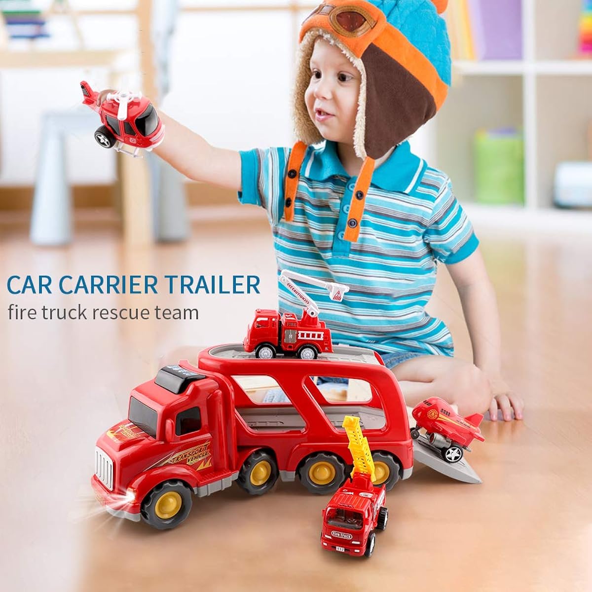 Fire Truck Toy Set Friction Car Carrier Trailer with Sounds and Lights Kids/Toddlers/Boys/Kids Gifts Ages 3 4 5 6 7 with Rescue Vehicle, Helicopter, Plane