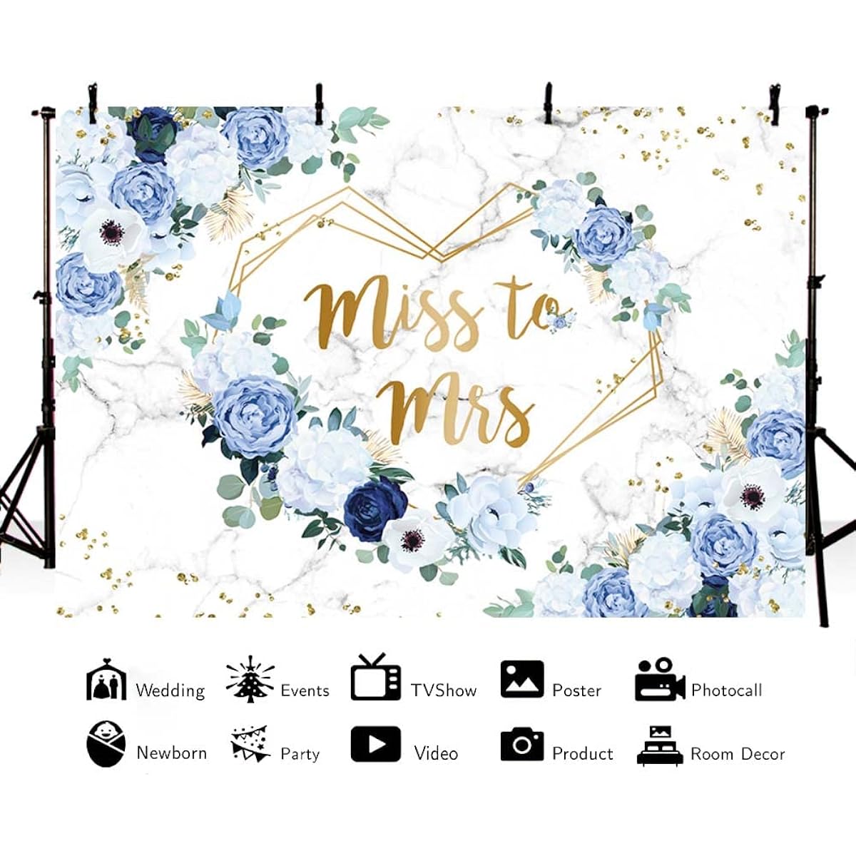 AIBIIN 10x7ft Miss to Mrs Floral Backdrop Bridal Shower Blue and White Flowers Photography Background Heart Geometric Couple Wedding Party Decorations Bride to Be Engagement Banner Props