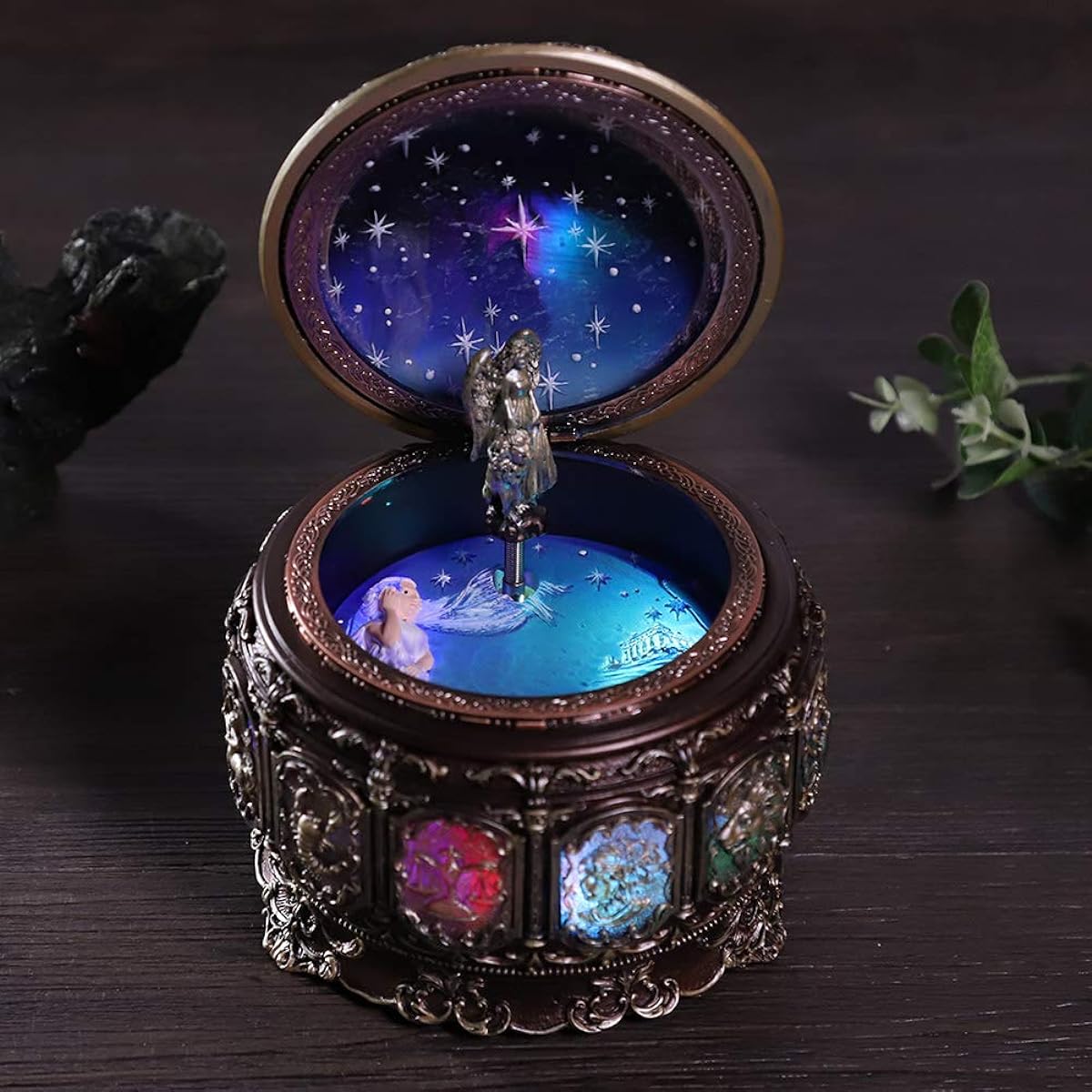 Simlug Music Box, Wooden Music Box, Vintage Music Box, 12 Constellations, Rotating Goddess Music Box, with Sparkling Lights, Birthday Gift (Leo)
