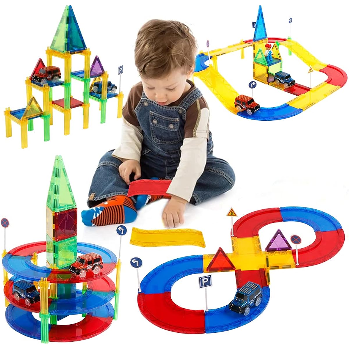 MAGBLOCK 82 Pieces Magnetic Blocks Car Rail Set Car Panel Slope Magnetic Blocks Educational Toys for Kids Boys Girls Birthday Present Christmas Gift with Vehicle