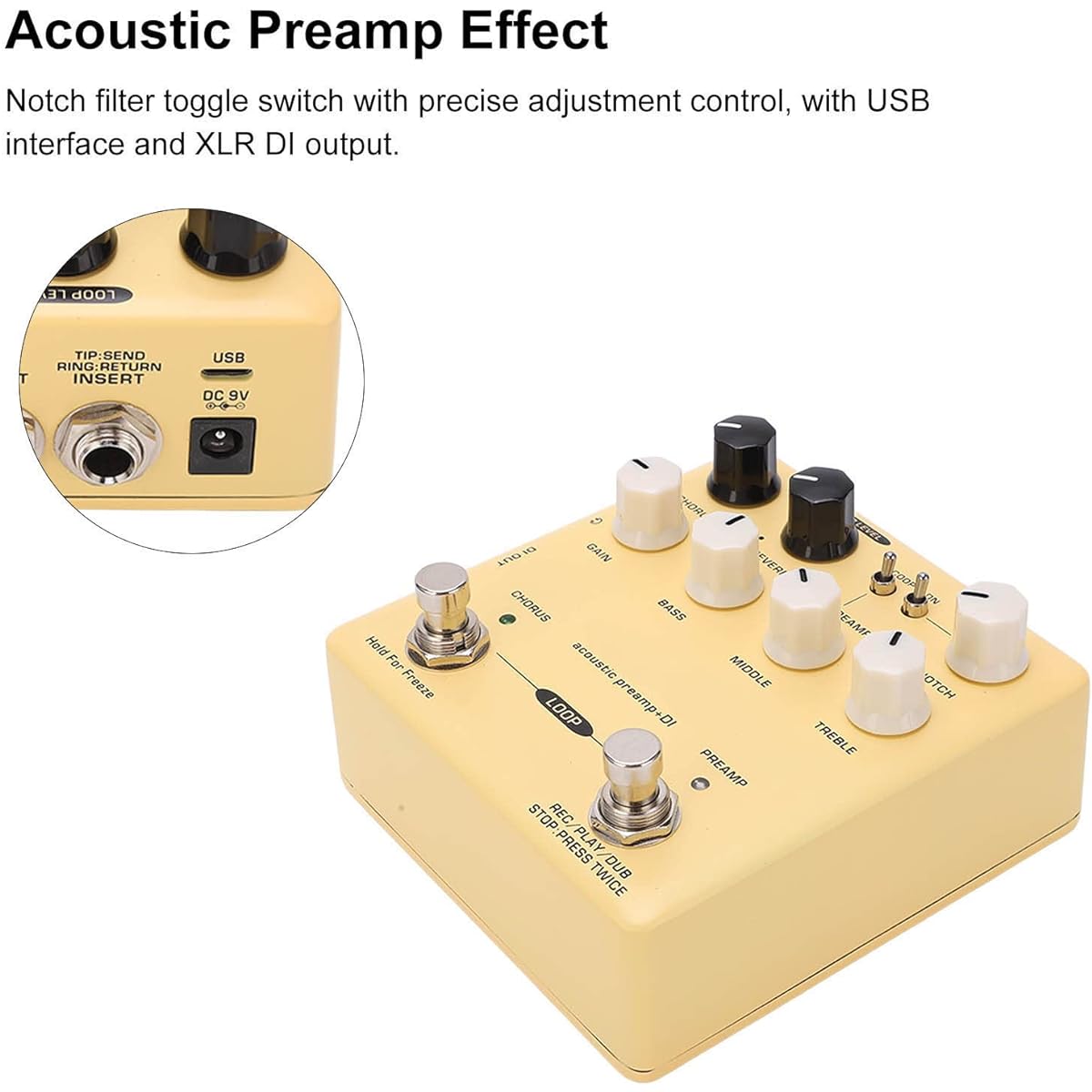 Acoustic Preamp Effects, 3 Band Equalizer Pedal Reverb Chorus Knob for Audio Equipment