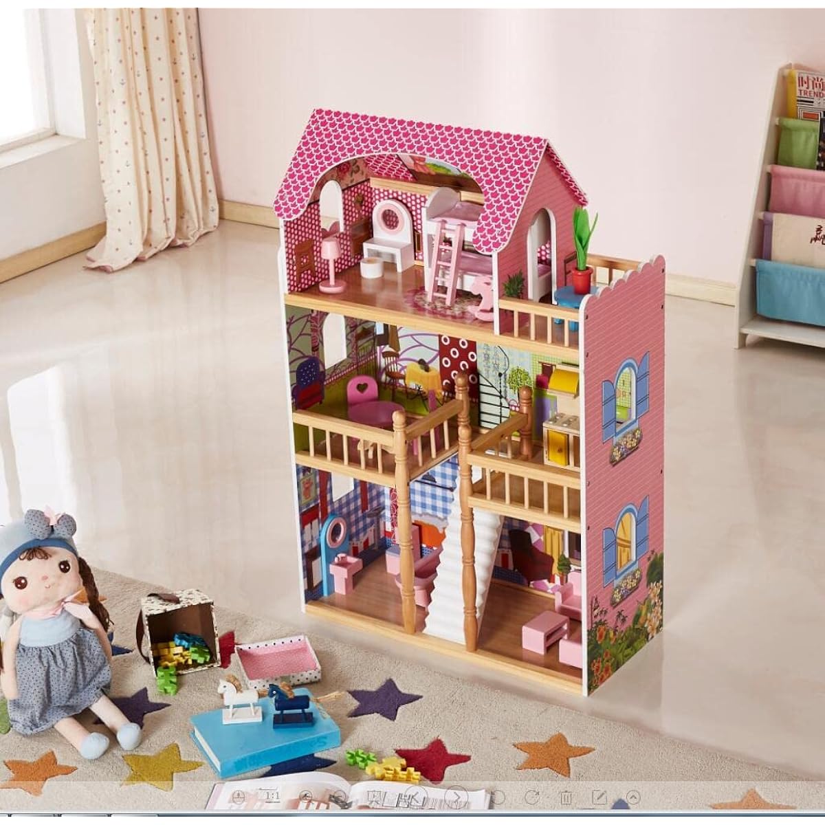 HILIROOM HILIROOM Wooden Dollhouse for Kids Girls Dream House with Stairs and Accessories for Ages 3+ Large Dollhouse 25.5" x 11.6" x 40"