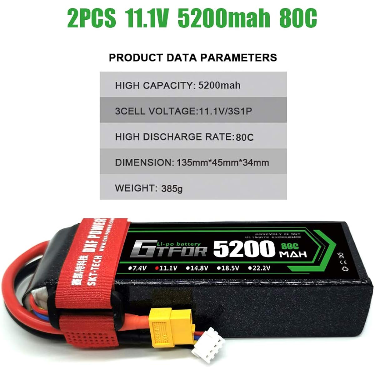 GTFDR 3S 11.1V 5200mah 80C Large Capacity Battery XT60 Plug Lipo Battery Battery for Radio Controlled Products for RC Cars, RC Trucks, Drones, etc. (2PCS)