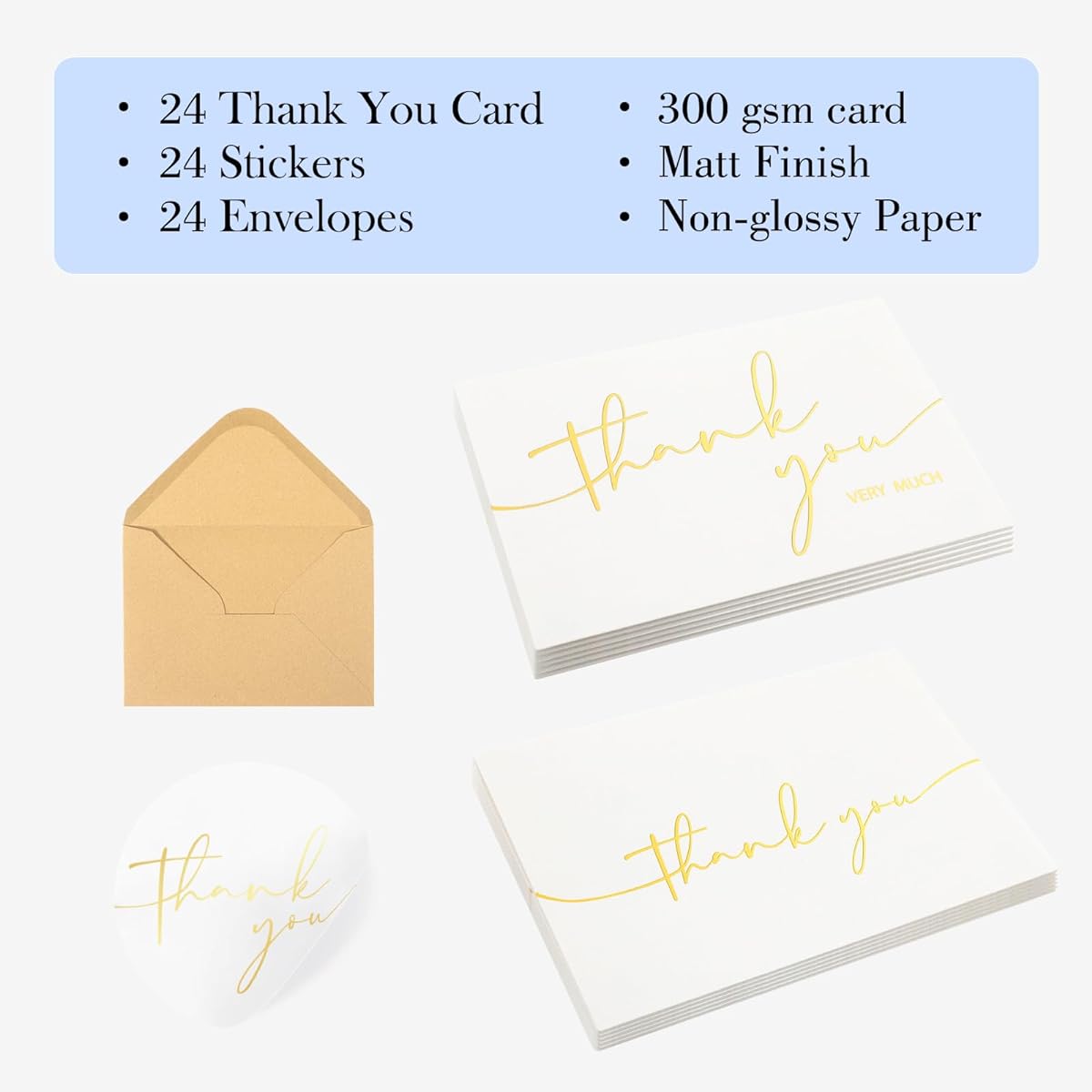 NESCCI 24 PCS Thank You Cards With Envelopes,4x6 Inch Minimalistic Design, Thank You Notes for Wedding,Bridal Shower, Business, Baby Shower, Small Business, Funeral, Graduation(Gold Stamping)