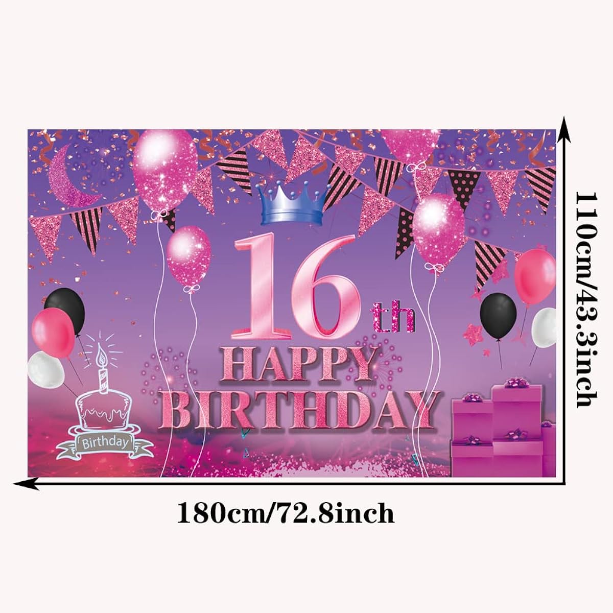 Happy 16th Birthday Backdrop Banner Pink Purple 16 Years Old Sign Poster 16th Birthday Party Supplies Anniversary Photo Booth Photography Background Birthday Party Decorations 72.8 x 43.3 Inch