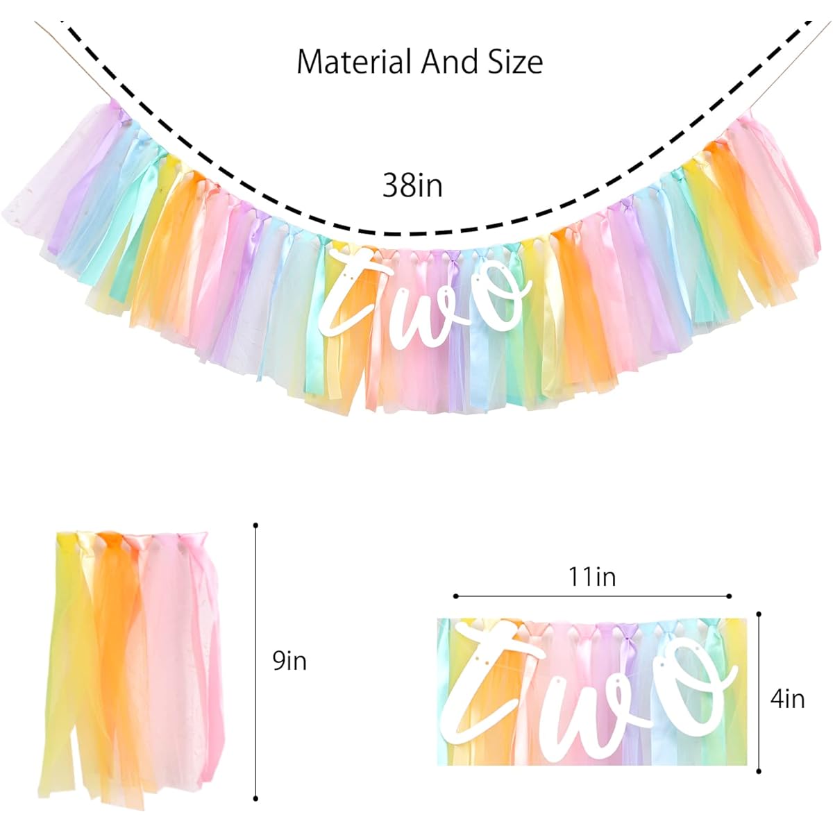 2nd Birthday Pastel Rainbow Tutu Banner - Party Supplies, 2 Highchair Tutu Skirts, Party Theme Pull Flags for Highchairs, Fabric Garland, Birthday Photo Props (Pastel Rainbow)