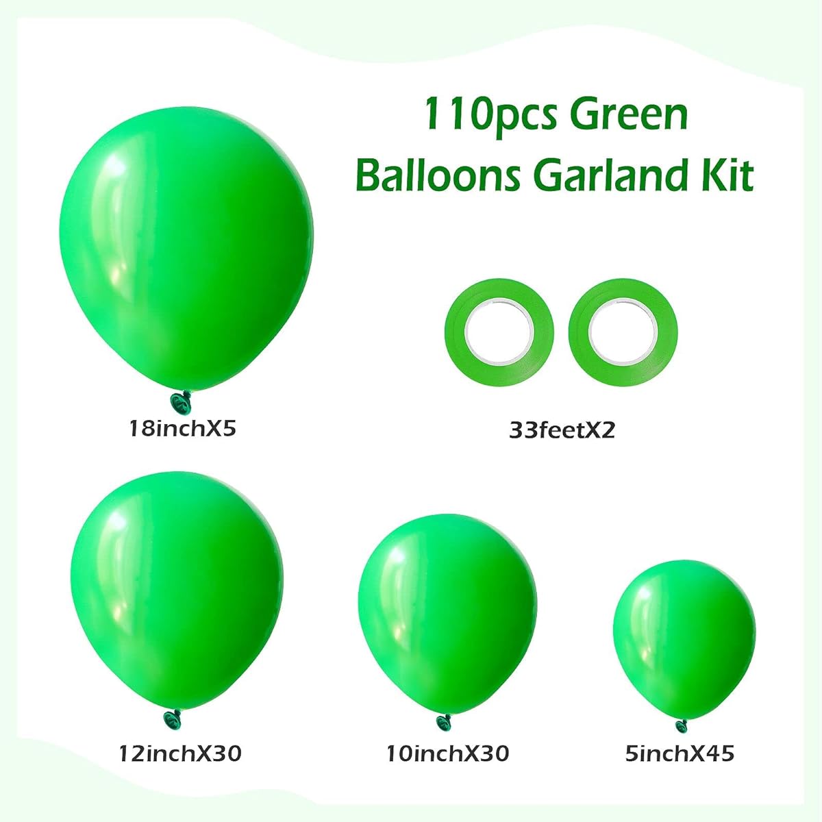 110pcs Green Balloons 18/12/10/5 inch Garland Kit Latex Balloons Different Size Pack for Birthday Halloween Graduation Baby Shower Father's Day Party Decorations