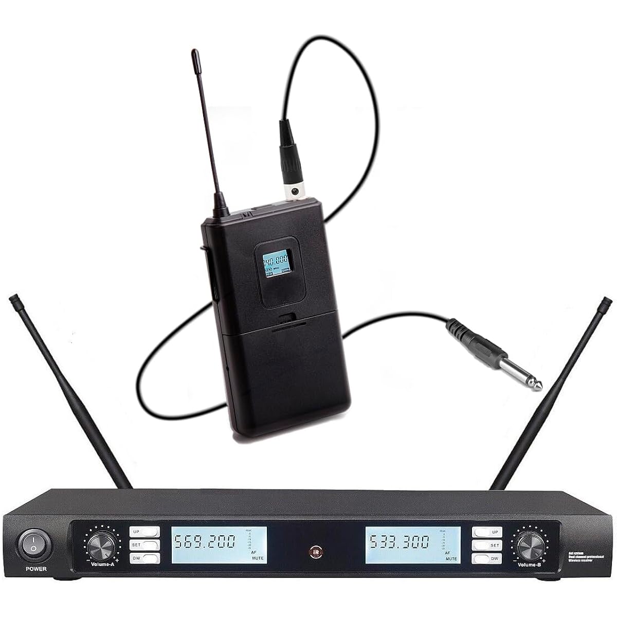 Dual Channel Wireless Guitar System with 1/4" Jack Instrument Cable, Perfect for Guitar and Bass, 300ft Range
