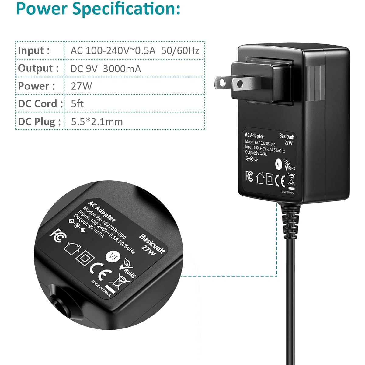 Basicvolt 9V 3A 2.5A 2A 1A AC DC Power Adapter 27W 9V 3000mA 2500mA 2800mA Power Cord Wall Charger for 9 Volt Electronics Up to 3Amp