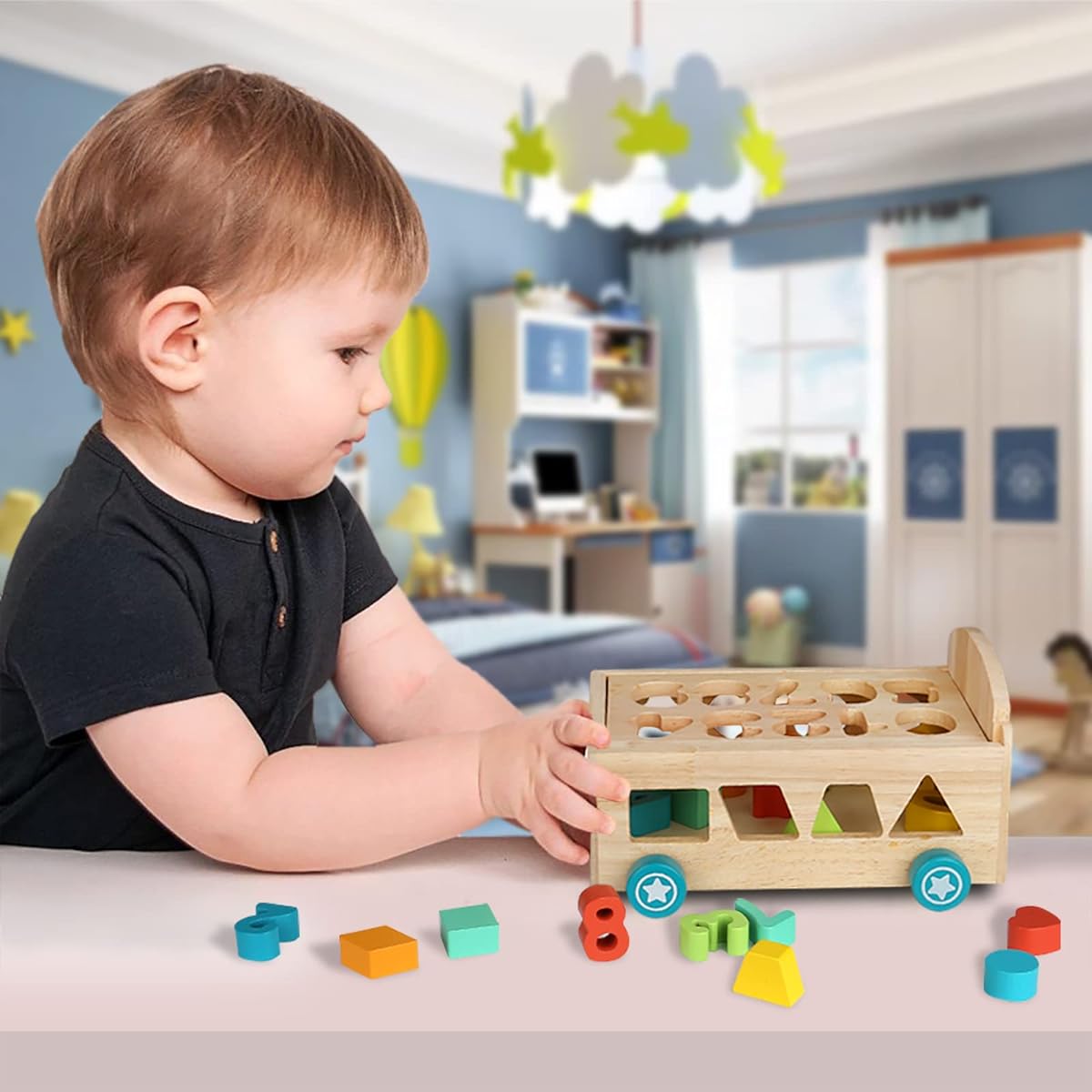 Classic Wooden Toddler Toys for 2-4 Year Olds Pull Bus 123 Number Learning Puzzle Sorting Matching Game Montessori Sensory Materials for Kids