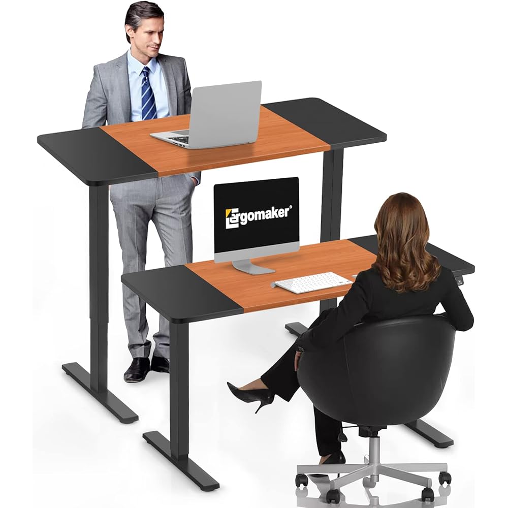 ERGOMAKER Electric Lifting Desk Standing Desk (Width 140 x Depth 60cm) Height Adjustable for Home Office Ergonomic Computer Desk (Legs (Black) + Top Board (Black & Cherry Wood Grain), 140*60)